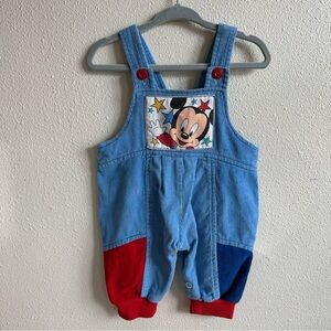 Vintage Baby Mickey Mouse Blue Overalls with Red and Navy Blue Patches